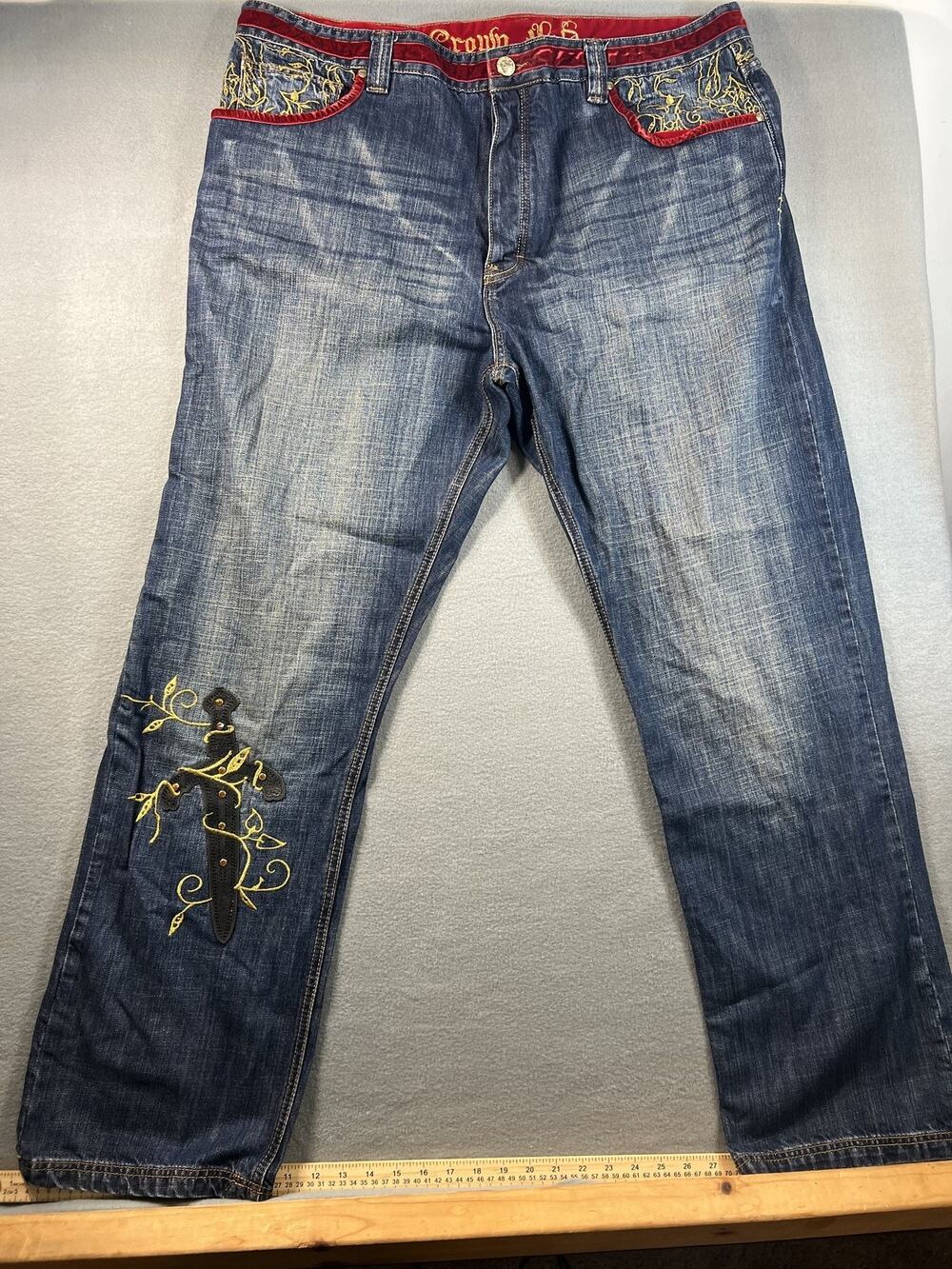 Crown Holder Men's Jeans Size 42 Navy Blue Denim Straight Fit with Embroidery